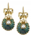 The pearl of the ocean. Betsey Johnson's chic green oyster earrings are accented by a glass pearl center. Set in antique gold tone mixed metal with a bow-topped post with small crystal accent. Approximate drop: 1-1/2 inches.