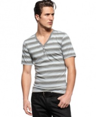 Horizontal stripes on this y-neck shirt from INC International Concepts adds depth to your denim lineup.