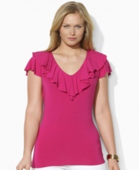 A V-neck plus size jersey top is trimmed with a flourish of ruffles at the neckline and delicate flutter sleeves, from Lauren by Ralph Lauren.
