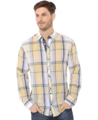 Mix up your casual look from the standard fare with this cool plaid shirt from Buffalo David Bitton.