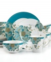 Jacobean florals tinged with blue and gold adorn the versatile Eliza Teal dinnerware set by 222 Fifth. Everyday porcelain makes a smart go-to for casual tables in classic settings.