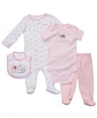 Basis get a fun elephant-themed boost in this darling 4-piece bodysuit, pant, coverall and bib set from Carter's.