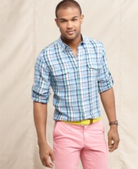 This traditional plaid shirt from Tommy Hilfiger steps out of the box of has-been style with a modern, slim fit.