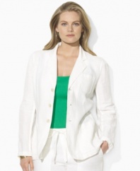 A tailored silhouette lends elegance to Lauren by Ralph Lauren's plus size three-button jacket, designed for season-spanning style in lightweight linen.