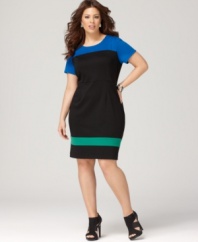 Land one of the season's must-have looks with DKNYC's short sleeve plus size dress, featuring a colorblocked pattern.