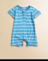 Handsome stripes, layered-look short sleeves and a side patch pocket make this adorable little playsuit a must-have for your little one.CrewneckShort sleevesButton-frontBottom snaps39% supima pima/39% micro modal/22% polyesterMachine washImported Please note: Number of buttons and snaps may vary depending on size ordered. 