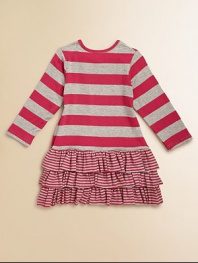 This pretty rayon dress features a mix of wide and mini stripes and a charming ruffle skirt.CrewneckLong sleevesThree-tiered ruffle hem96% rayon/4% spandexMachine washImported