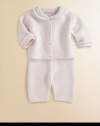 Baby will be cuddle-ready in this precious knit cotton set with smocked trim and matching pants.Round collarLong sleevesFront buttonsElastic waistCottonMachine washImported Please note: Number of buttons may vary depending on size ordered. 