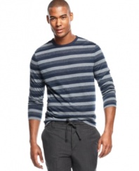 Fight the summer sizzle with this lightweight linen striped shirt from Perry Ellis.