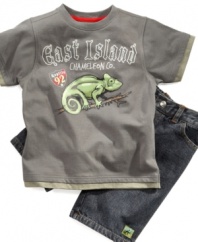 Give a nod to his many wonderful sides with this chameleon t-shirt and jean short set from Nannette.