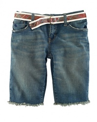 Stylish Bermuda short in durable, washed denim, designed with distressed detailing and a frayed hem.