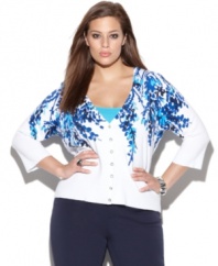 Revive your style for spring with INC's three-quarter sleeve plus size cardigan, featuring an embellished print.