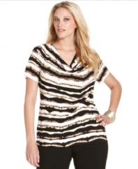 A draped neckline lends an elegant accent to Calvin Klein's short sleeve plus size top, finished by a striped print.