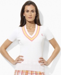 Preppy cricket stripes and an embroidered crest lend chic, athletic appeal to the short-sleeved Lauren by Ralph Lauren sweater, rendered in smooth ribbed-knit combed cotton for essential comfort and style.