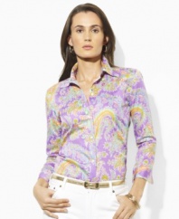 A vibrant paisley pattern lends a colorful, modern update to Lauren by Ralph Lauren's classic shirt, tailored for a smooth hand in crisp cotton broadcloth.