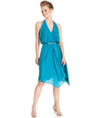 Vince Camuto's dress makes a seasonal statement in a gorgeous marine-inspired hue and a chic, on-trend cut. An elastic waist gives a lovely blouson-style fit while the removable belt polishes the look.