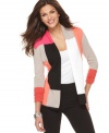 Bright colorblocking lends a bold look to this Alfani open-front sweater -- perfect for breezy spring days!