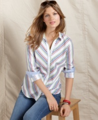 Fresh stripes enliven this classic button-down shirt from Tommy Hilfiger. Try it with anything from skirts to cuffed jeans for prep-inspired style!