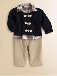 A cool set for the baby prep, featuring a check shirt, toggle sweater and cute corduroy pants. Shirt Point collarButton frontLong sleeves with button cuffsCurved hemPolyester Sweater V-neckToggle closureRibbed trim Pants Pull-on styleCottonMachine washImported Please note: Number of buttons may vary depending on size ordered. 
