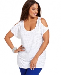 Heat up your look from day to night with INC's cold-shoulder plus size top, showcasing a studded front.