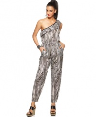 A ruffled one-shoulder strap adds femme flair to this printed Bar III jumpsuit -- a hot alternative to a dress!