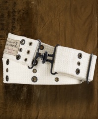 A once preppy essential gets a rugged update in this nautical-inspired belt, finished with metal grommets and timeworn metal hardware for an edgy twist.
