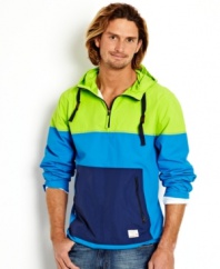 Far out. Keep out the elements and stand out in the bright, bold colors of this colorblocked hooded jacket from Nautica.