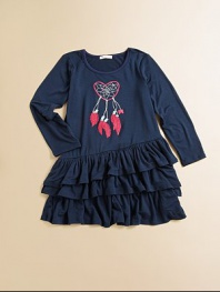 This adorable dress sports asymmetrical ruffles and an embroidered heart-shaped dreamcatcher motif.ScoopneckLong sleevesPull-on styleThree-tiered asymmetrical ruffle hem95% rayon/5% spandexMachine washImported
