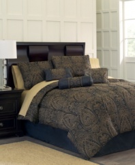 A majestic sight. Give your space the royal treatment with this jacquard woven Palace comforter set, featuring intricate designs in a blue and tan color scheme for a regal presentation with a touch of elegance. Shams, bedskirt and a trio of decorative pillows complete the look.