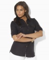 A luxe take on the crisp, tailored look of a classic plus size workshirt, Lauren by Ralph Lauren's light-as-air linen version is designed for modern femininity with subtle nautical undertones.
