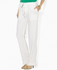 A chic wide-leg pant is updated for the season, rendered in breezy washed linen, from Lauren by Ralph Lauren.