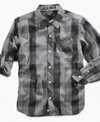 In this grid plaid shirt from DKNY, he'll see a sleek smart style materialize before his own eyes.