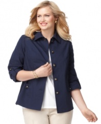 Add a lightweight layer to your casual look with Charter Club's roll tab sleeve plus size jacket, crafted from stretch twill.