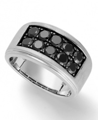 A bold, new look. This sophisticated men's ring features two rows of round-cut black sapphires (1-1/2 ct. t.w.) set in a sterling silver band. Size 10-1/2.