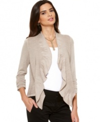 Add a little fancy to any casual wardrobe with this asymmetrical, ribbed cardigan from Alfani. Complete with a ruffled front and flowing design that's perfect for spring.