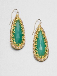 From the Elements Siyabona Collection. Faceted chrysoprase in a teardrop shape surrounded in Swarovski crystals in a goldtone setting. Goldtone Swarovski crystalsChrysopraseDrop, about 2.2514k gold filled French wire backMade in USA