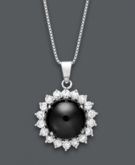 A traditional design in sweet, contrasting color. This stunning pendant highlights an onyx gemstone (10 mm) surrounded by round-cut white topaz (1 ct. t.w.). Set in sterling silver. Approximate length: 18 inches. Approximate drop: 3/4 inch.