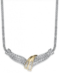 Sparkling elegance. This chic twist necklace shines with the addition of round and baguette-cut diamonds (1/2 ct. t.w.). Set in sterling silver with 14k gold accents. Approximate length: 17 inches. Approximate drop width: 1-3/4 inches. Approximate drop length: 5/8 inch.