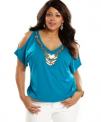 Get on trend with Eyeshadow's plus size top, featuring flirty split sleeves to show off your shoulders and a neckline trimmed with tribal-inspired sequins and beading.