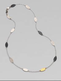 From the Willow Collection. This elegant chain stationed with leaves of hammered metal - white and blackened sterling silver and 24k yellow gold - is at once modern and earthy.Sterling silver 24k yellow gold Chain length, about 16 Pelican clasp Imported