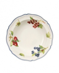 Give yourself a bright wake-up call with the Cottage Inn cereal bowl! Lush, dancing clusters of ripened blueberries, raspberries and cherries are a stunning contrast on creamy white porcelain and lend every meal a touch of traditional elegance.