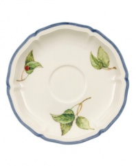 Liven up afternoon tea with the colorful Cottage Inn tea cup saucer. Lush, dancing clusters of ripened blueberries, raspberries and cherries are a stunning contrast on creamy white porcelain and lend every meal a touch of traditional elegance.