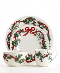 Whether you're serving a special breakfast on Christmas morning, preparing lunch for out-of-town guests or throwing a dinner party for friends, this set of holiday dinnerware and dishes from Martha Stewart makes the meal a festive occasion. The Holiday Garden place settings are decorated with graceful boughs of holly and vibrant red ribbons.
