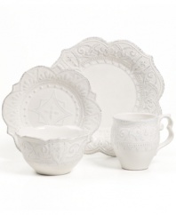 Revive the grace and charm of another era with Versailles Maison's Blanc Amelie place setting. A rich pattern is entirely embossed on classic dinnerware finished with a soft white glaze and distressed detail.