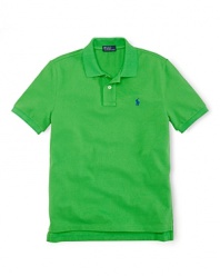 A short-sleeved polo shirt is cut in soft, breathable cotton mesh.