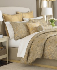 Take a trip to paradise. This Shangri-La comforter set from Martha Stewart Collection boasts an allover flourishing design in a rich, golden palette with silvery elements for an extra burst of glimmer. The set comes complete with all the elements needed, including window treatments, to create an inviting getaway in the bedroom.