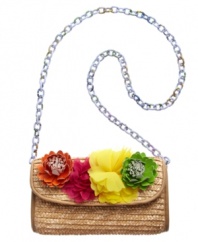 Now this is what we call flower power. Multicolored oversized flowers grace the front of this fun-loving Betsey Johnson straw clutch for a warm-weather style you'll take from day into night.