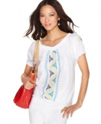 Colorful embroidery updates Style&co.'s essential peasant top. Try it with jeans, capris and shorts for an effortlessly chic summer look! (Clearance)