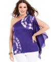 Flaunt a 60s spirit with INC's one-shoulder plus size top, featuring a tie-dye print!