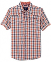 Check yourself. This sweet shirt from Guess squares off in your casual wardrobe.